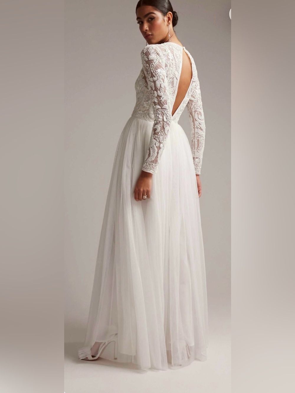 ASOS Bridal White Beaded Sequin Long Sleeve Tulle Maxi Wedding Dress US 16 NWT